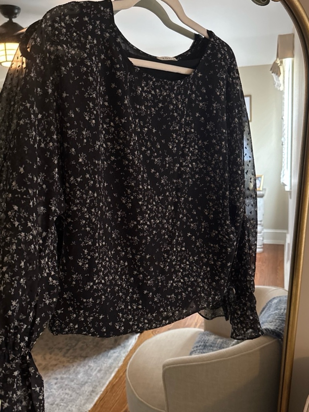 Kori Black Sheer Floral Long-Sleeve Blouse